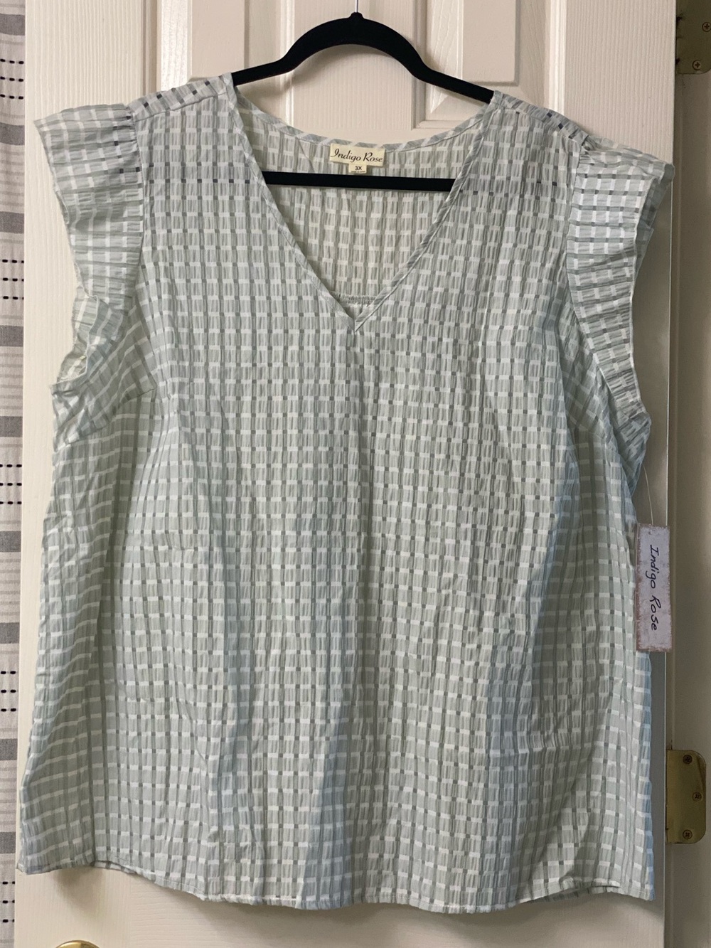Indigo Rose  Checkered V-Neck Ruffle Cap Sleeve Top Size 3X NWT